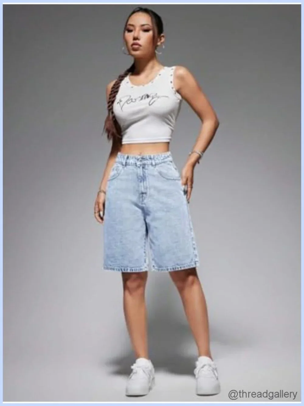 High Waisted Stretchy Denim Bermuda Shorts with Pockets